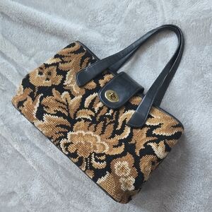 Vintage Brown Floral Tapestry Needlepoint Handbag Purse, Nurse Bag